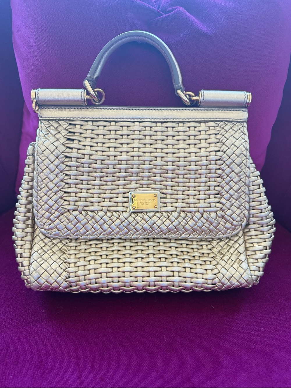 Dolce & Gabbana Metallic Gold Woven Sicily Satchel